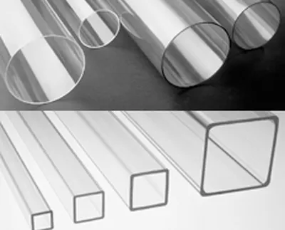 4 examples of clear, round polycarbonate (PC) tubing, plus 4 Square Stock PC tubes